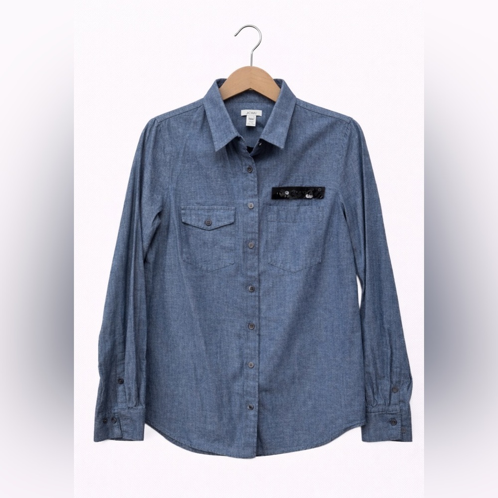 J.Crew Chambray Button Down Shirt Sequin Pocket Blue Long Sleeve Top Size 6